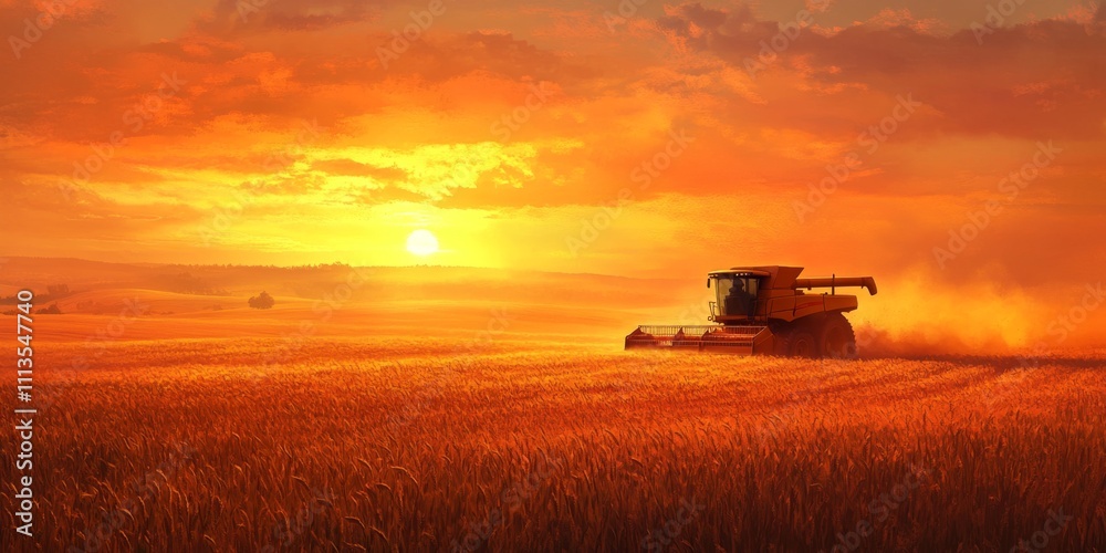 Fototapeta premium Golden Wheat Field at Sunset with Tractor Harvesting under a Vibrant Sky, Scenic Agricultural Landscape, Warm Light and Natural Beauty