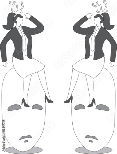 Relationship difficulties, office politics, dishonesty, hypocrisy, not daring to face it, two businesswomen sitting disappointed against two masks