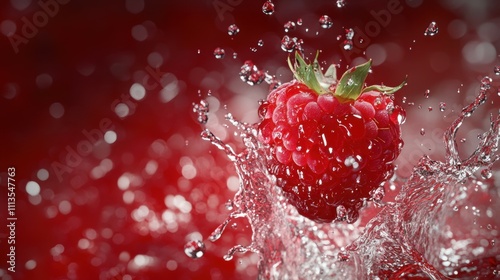 Raspberry in Mid-Air Water Splash: A vibrant raspberry suspended in mid-air, surrounded by a dynamic splash of water. The rich red color of the raspberry contrasts beautifully with the clear,