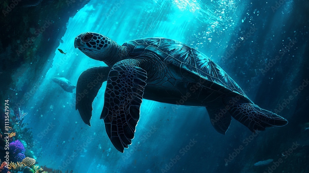Obraz premium Majestic sea turtle swimming in a vibrant underwater cave. Sunlight streams through the water, highlighting intricate coral formations and other marine life.
