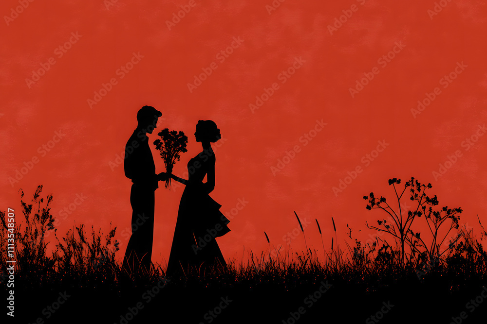 Romantic silhouette of a couple exchanging flowers against a vibrant sunset backdrop Romantic silhouette of a couple exchanging flowers against a vibrant sunset backdrop