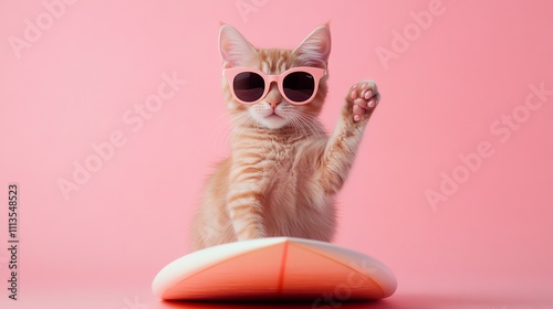 A cat wearing pink sunglasses sits on a surfboard, waving with its paw. photo