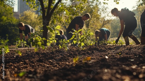 A group of people are working in a garden