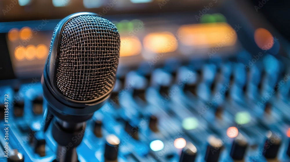 A close-up of a microphone in front of a sound mixing console, suggesting audio production. A close-up of a microphone in front of a sound mixing console, suggesting audio production.