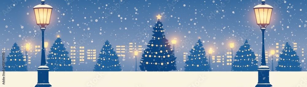 Wide winter banner. Winter scene with snow, Christmas trees, and street lamps glowing in the evening. Wide winter banner. Winter scene with snow, Christmas trees, and street lamps glowing in the evening.