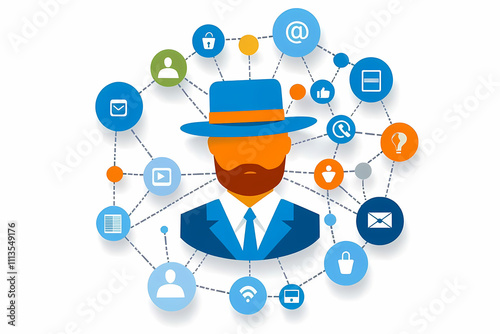 A man wearing a hat and a suit is surrounded by a web of social media icons