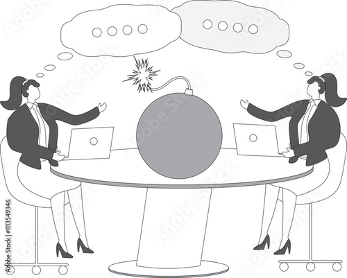 Negotiations and Threats, Unfair Competition, Difficult Relationships, Tense Relationships Negotiations or Conversations, Businesswoman Sitting at a Table with a Bomb, Conversations