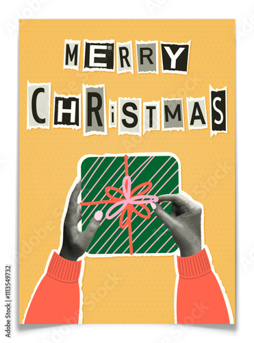 Christmas greeting card with halftone hands holding gift. Trendy retro New Year postcard with torn paper collage elements. Unpacking wrapped box with bow. Paper magazine letters. Vector illustration.
