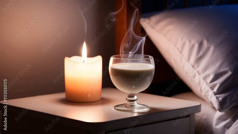 A nighttime bedroom scene showing a glass of warm milk placed on a nightstand, The atmosphere is peaceful, with soft shadows from bedside lamp, creating a soothing, relaxing environment. A nighttime bedroom scene showing a glass of warm milk placed on a nightstand, The atmosphere is peaceful, with soft shadows from bedside lamp, creating a soothing, relaxing environment.