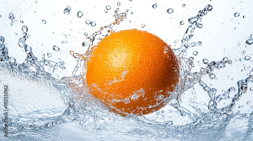 Orange in Mid-Air Water Splash: A bright orange suspended in mid-air as water splashes up around it, with droplets scattering in all directions. The vibrant color of the orange contrasts beautifully photo