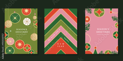 Wallpaper Mural Merry Christmas and Happy New Year greeting card vector set. Luxury invitation with tree, bauble, pine leaves, gold line art on green and pink background. Design illustration for season's card, ads. Torontodigital.ca
