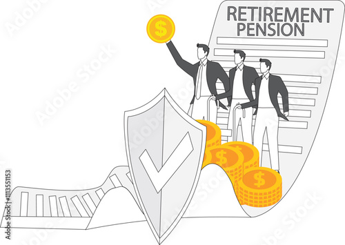 Pension Insurance, Wealth Protection and Insurance, Retirement and Savings Protection and Security, Isometrics Standing Behind the Shield A Bunch of Merchants and Retirees with Gold Coins