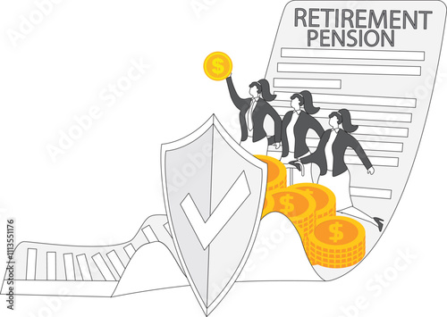 Pension Insurance, Wealth Protection and Insurance, Retirement and Savings Protection and Security, Isometrics Standing Behind the Shield A Bunch of Merchants and Retirees with Gold Coins