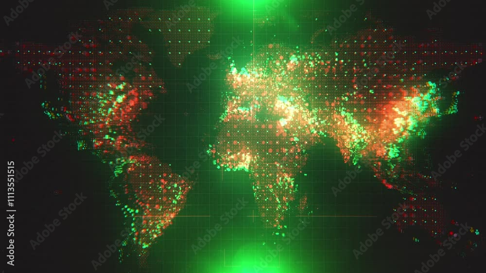 A futuristic digital world map with glowing lines and data points in ...