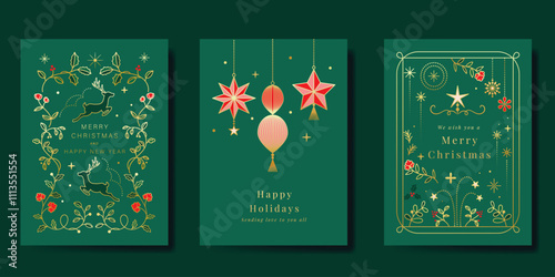 Merry Christmas and Happy New Year greeting card vector set. Luxury invitation with bauble, reindeer, holly leaves, gold line art on green background. Design illustration for season's card, ads.