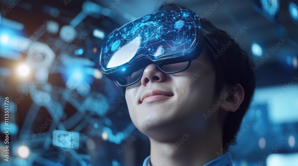 Happy young man showcasing machine learning applications in daily life Happy young man showcasing machine learning applications in daily life