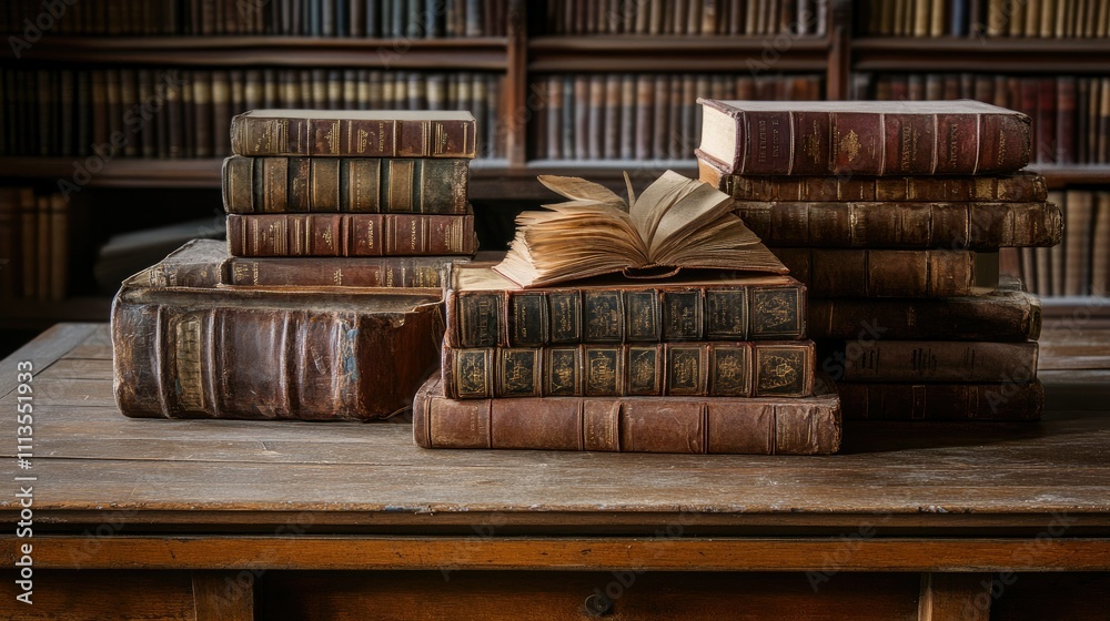 A collection of antique books stacked on a wooden table in a library setting. A collection of antique books stacked on a wooden table in a library setting.