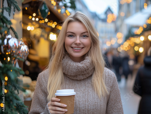Smiling blonde woman holding coffee at a Christmas market.