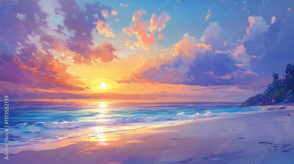 Vibrant sunset over a tranquil beach with gentle waves and soft sand. Vibrant sunset over a tranquil beach with gentle waves and soft sand.