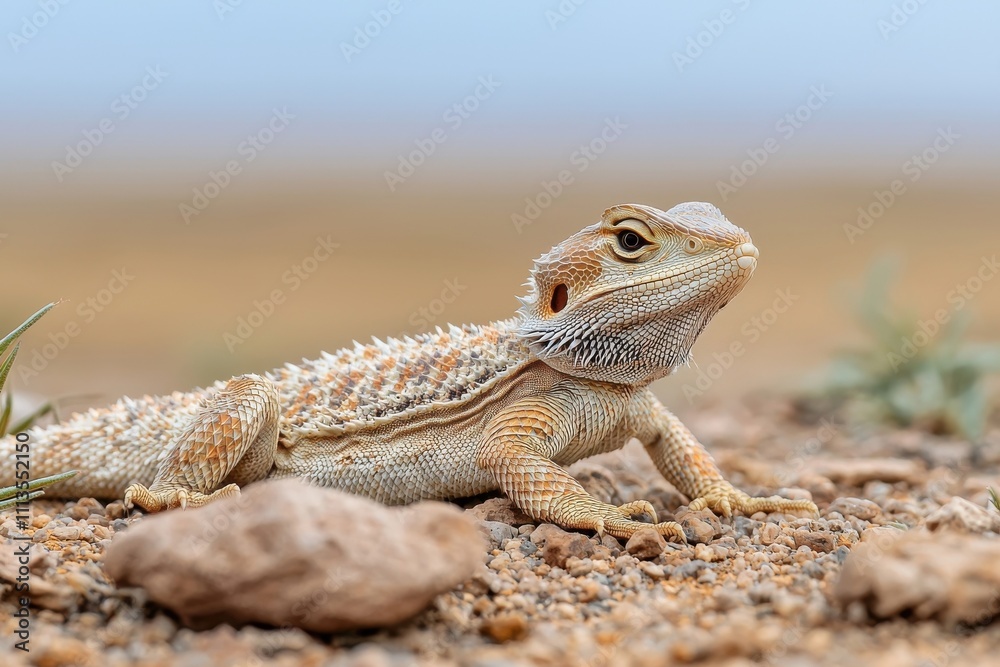 Fototapeta premium Detailed Close-Up of a Bearded Dragon on a Sandy Terrain