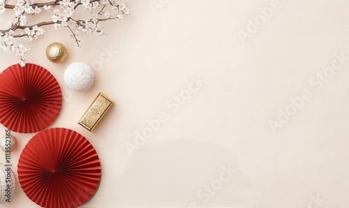 Decorative red and white elements arranged on a light background for a festiv...