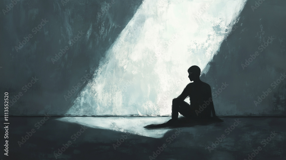Fototapeta premium Silent Struggle: A Solitary Figure in a Dark Room, Battling Hope and Despair
