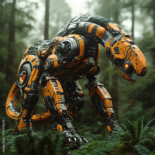 Robotic panther in a misty forest.