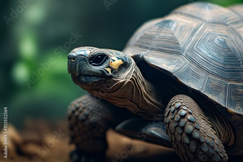 Close up of a tortoise basking in a serene habitat during the day
