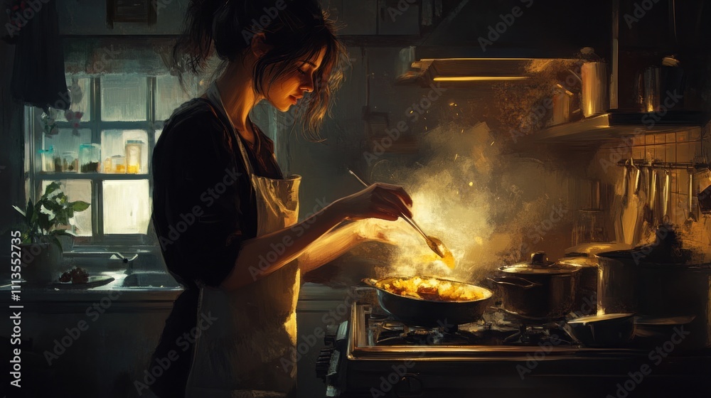 Woman cooking delicious meal in cozy kitchen at night. Woman cooking delicious meal in cozy kitchen at night.