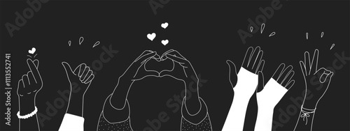 Doodle sketch hands up gestures comic icons silhouettes vector set. Group of line art fun comic hands in the air. Voting or happy congratulation audience recognition symbols.