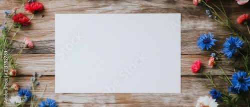 Blank paper surrounded by colorful flowers on a wooden surface during the day
