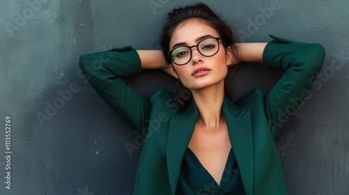 Woman in green blazer poses confidently against gray wall in urban setting