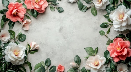 Floral arrangement with white and pink flowers on a neutral background in a d...