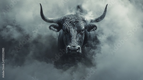 Powerful bull emerging from smoke. photo