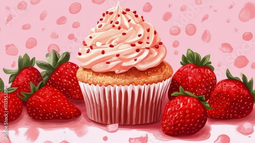 Fresh strawberries arranged around a cupcake on a decorative plate in a vibra...