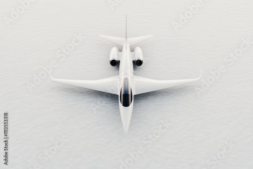 Modern jet aircraft viewed from above in bright, minimalistic setting for des...
