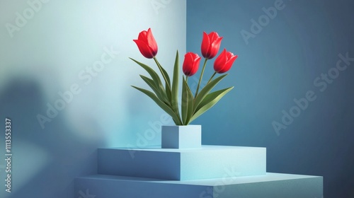 Bright red tulips arranged in a minimalist display against a light background