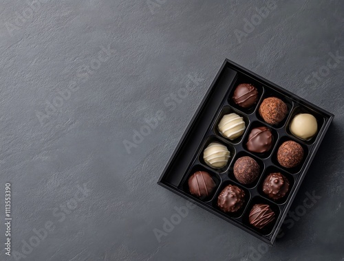 Assorted gourmet chocolate truffles arranged in a nine piece box on a clean s...