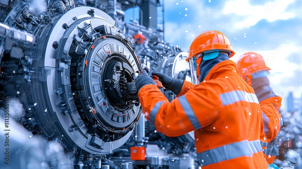 Industrial Strength: Two dedicated engineers, clad in safety gear, work diligently on intricate machinery, showcasing the power and precision of industrial operations. Industrial Strength: Two dedicated engineers, clad in safety gear, work diligently on intricate machinery, showcasing the power and precision of industrial operations.