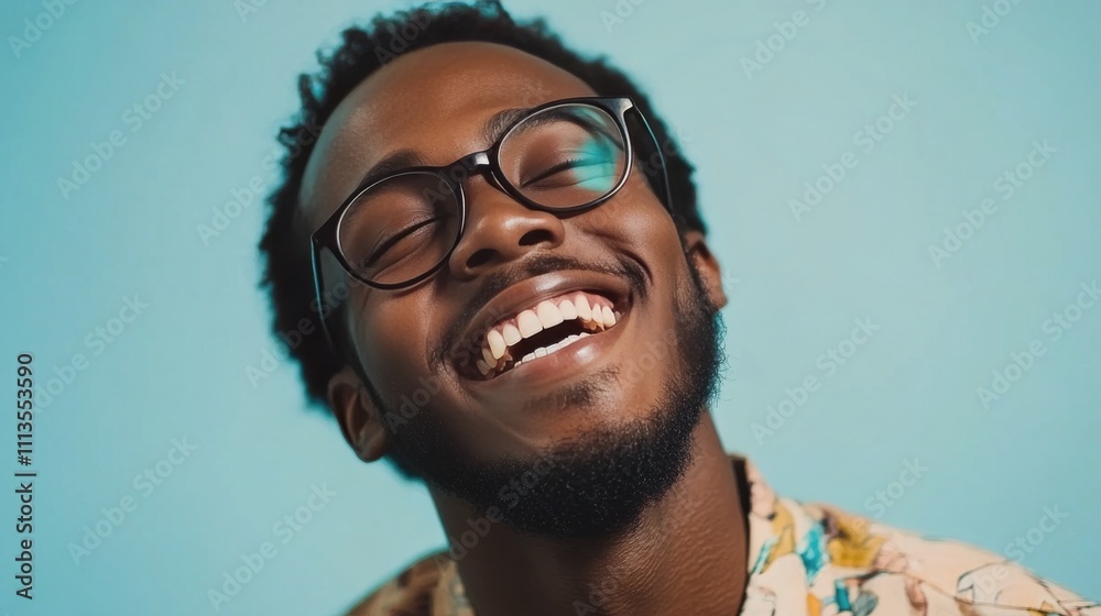 Obraz premium Smiling man in glasses enjoys sunny day with clear blue sky background