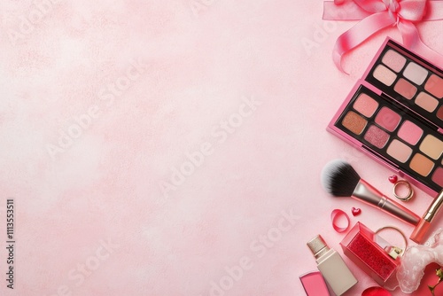 Makeup items arranged on a pink background for a beauty themed layout or display