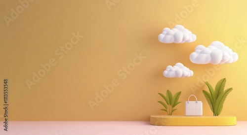 Decorative yellow wall with clouds and a plant in a pot creating a cheerful a...