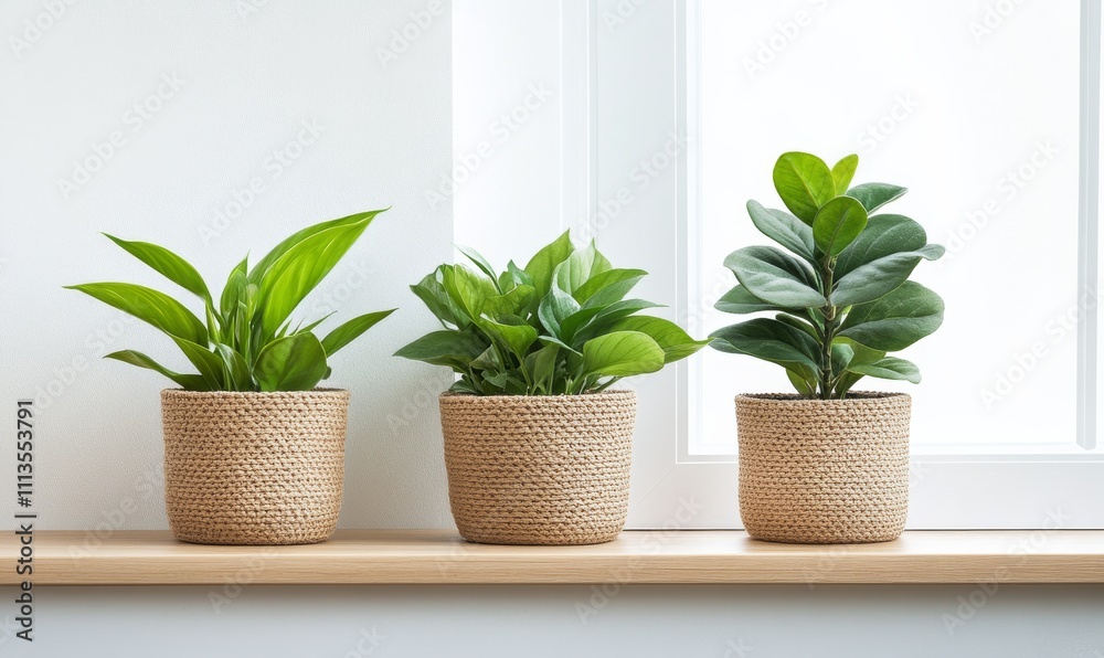 Fototapeta premium Indoor plants arranged in decorative pots on a windowsill with natural light