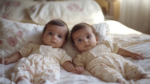 Identical twin babies lying on bed.