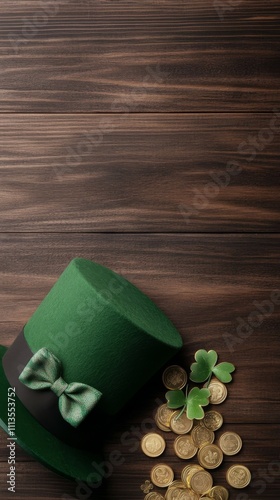 Green top hat and gold coins on a wooden surface for a festive celebration