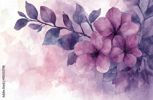 Beautiful watercolor illustration of purple flowers and leaves in soft shades