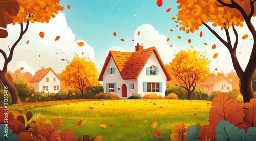 Cozy house surrounded by colorful autumn trees in a serene countryside setting