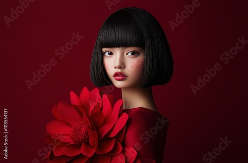 Elegant model showcasing striking red floral fashion against a dark backdrop