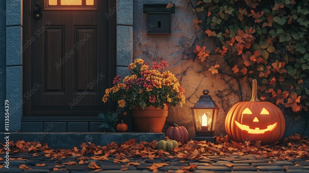 Obraz premium A cozy autumn scene featuring a carved pumpkin, flowers, and a lantern on a doorstep.