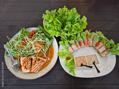 Set of healthy food menu on the table. Famous low fat and diet menu in restaurant. 